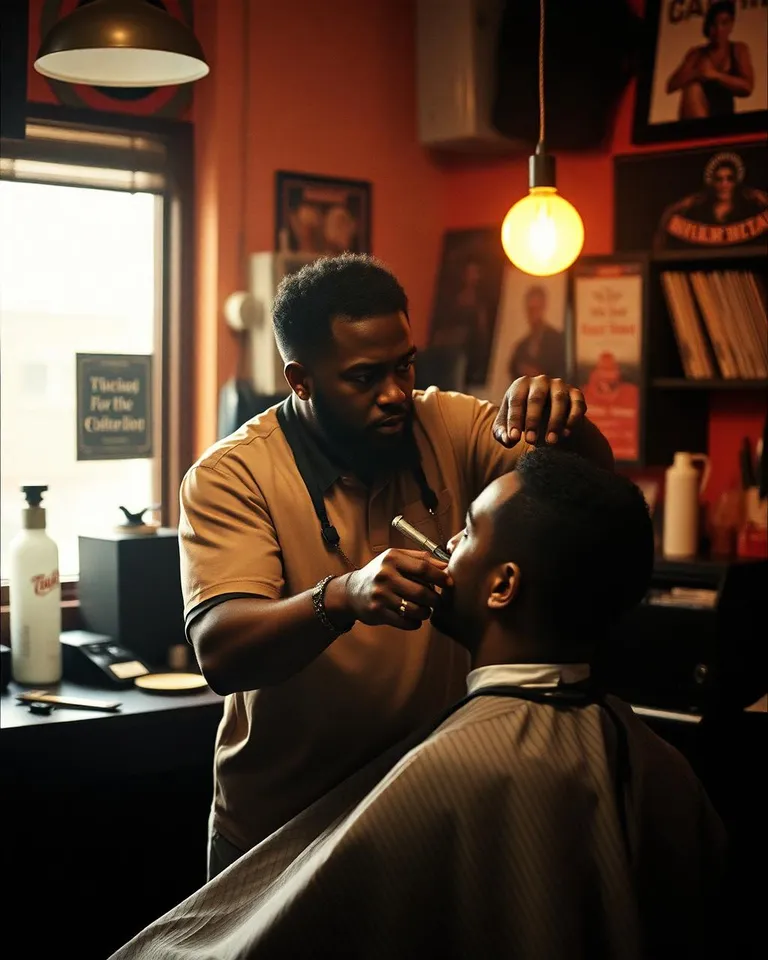 A barber working with a client