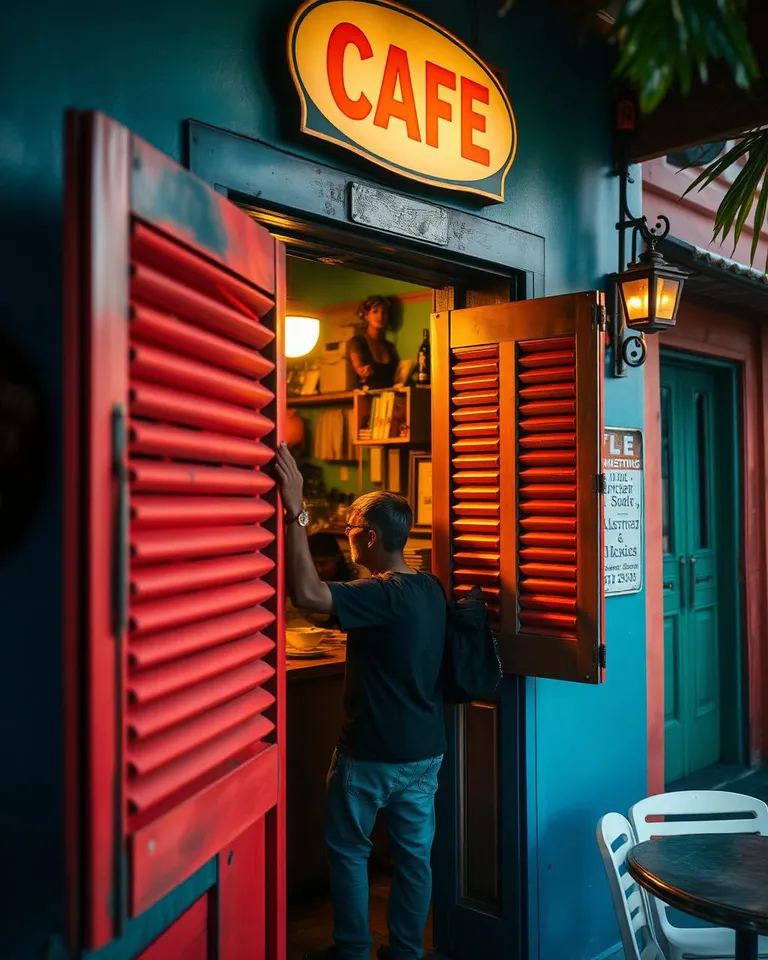 A café owner opening up for the morning
