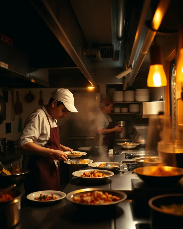 A small restaurant kitchen mid-service